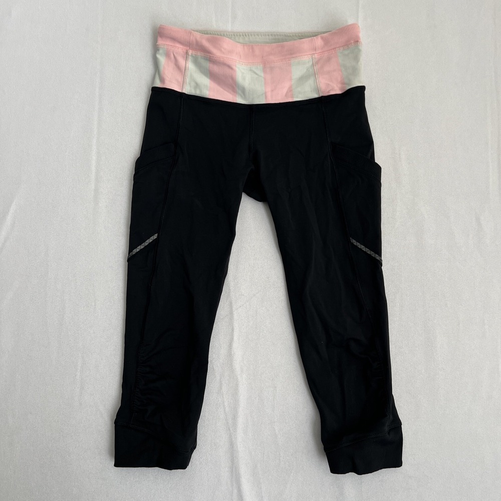 Lululemon Leggings Womens Size 2 Black Striped Pink Run for Fun Crop Athleisure